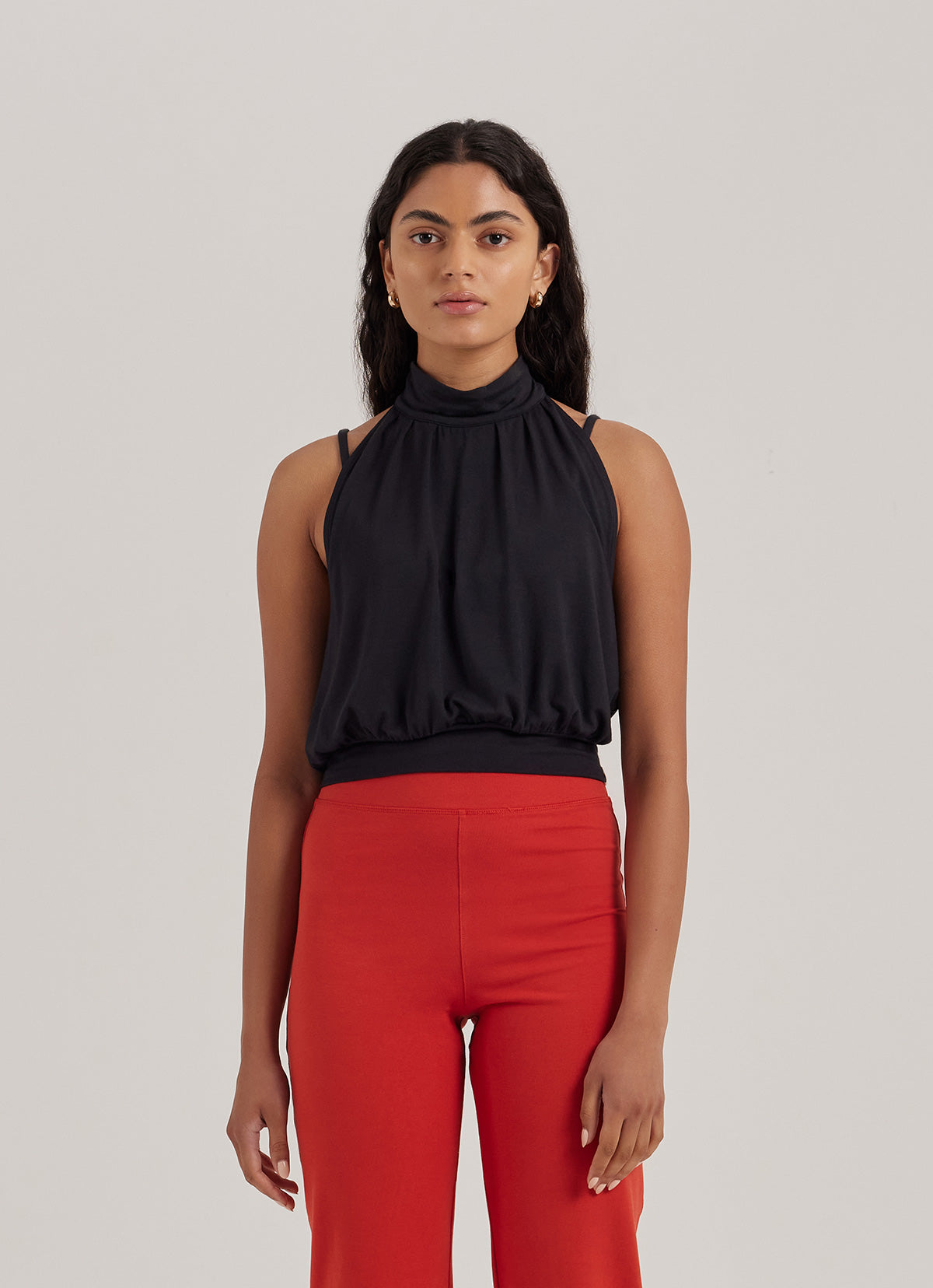 Mock-neck volume tank top_Black