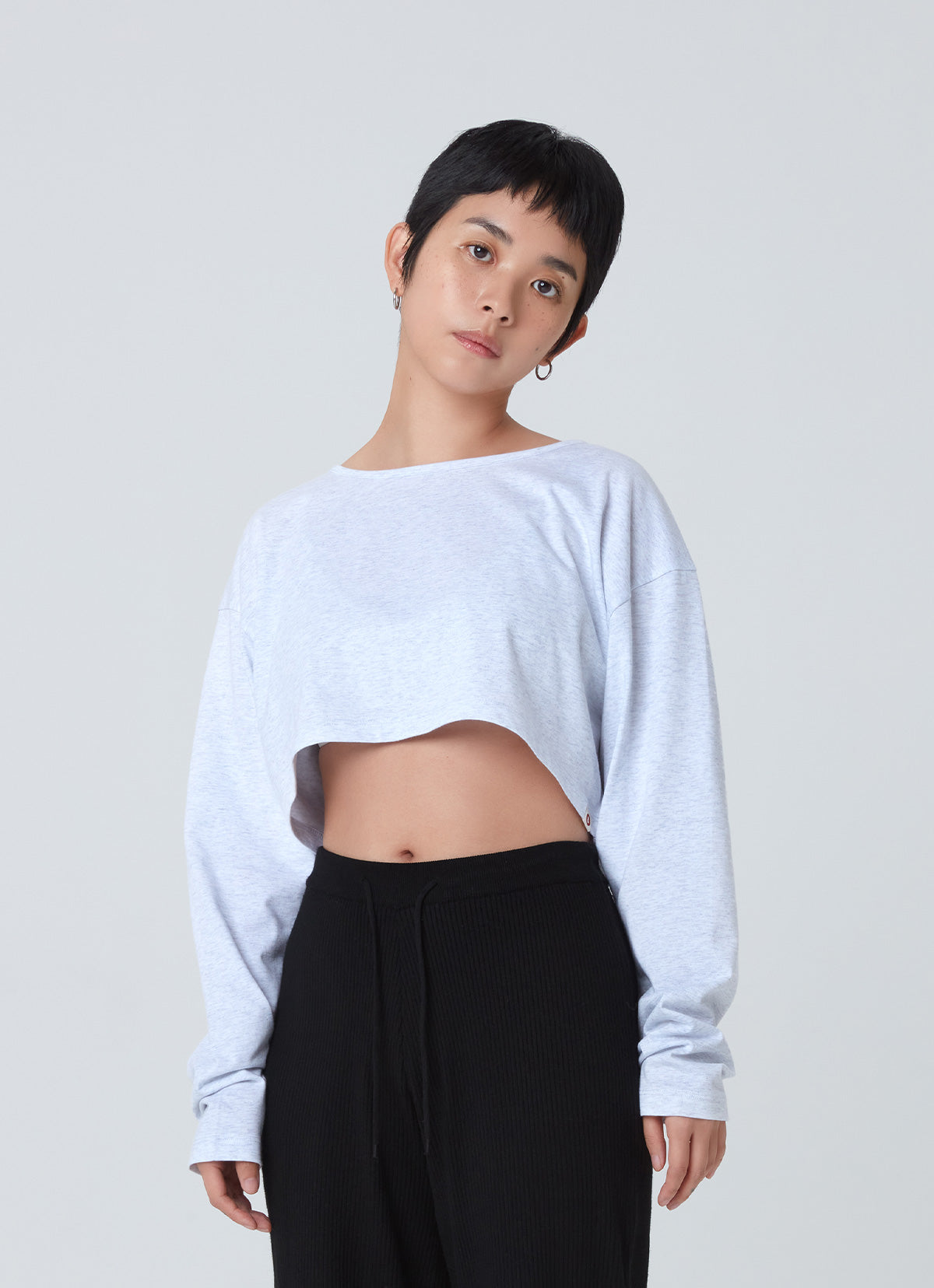 Wide long sleeve crop top_Melange Grey