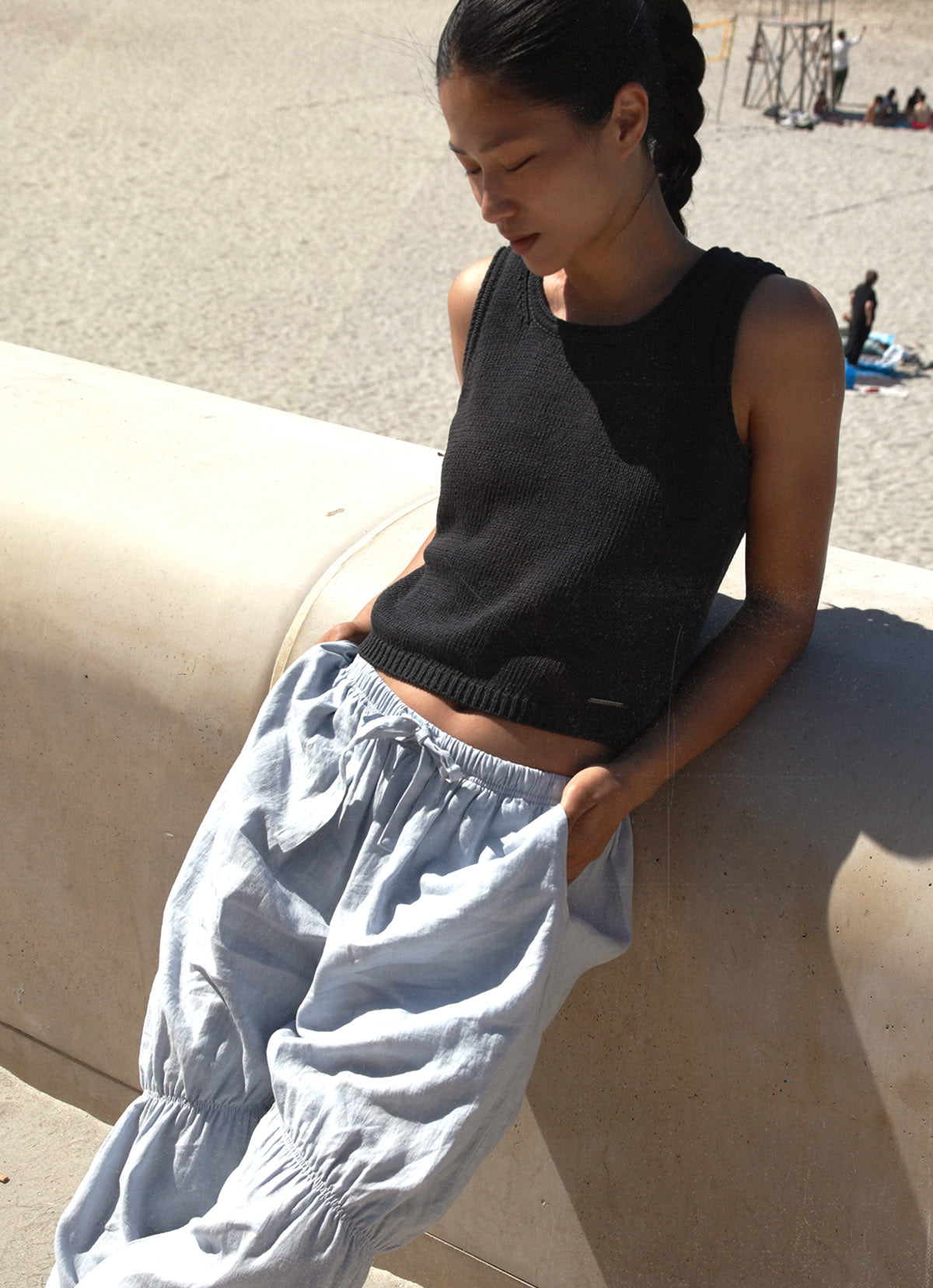 Linen rolled knit top_Navy
