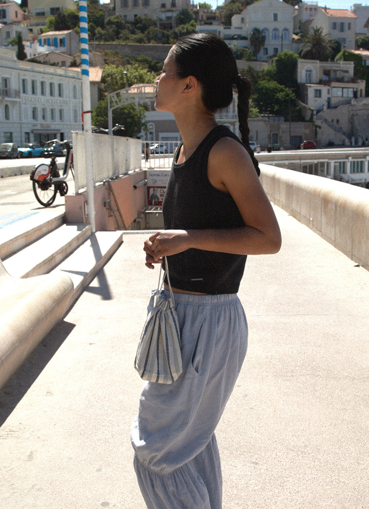 Linen rolled knit top_Navy