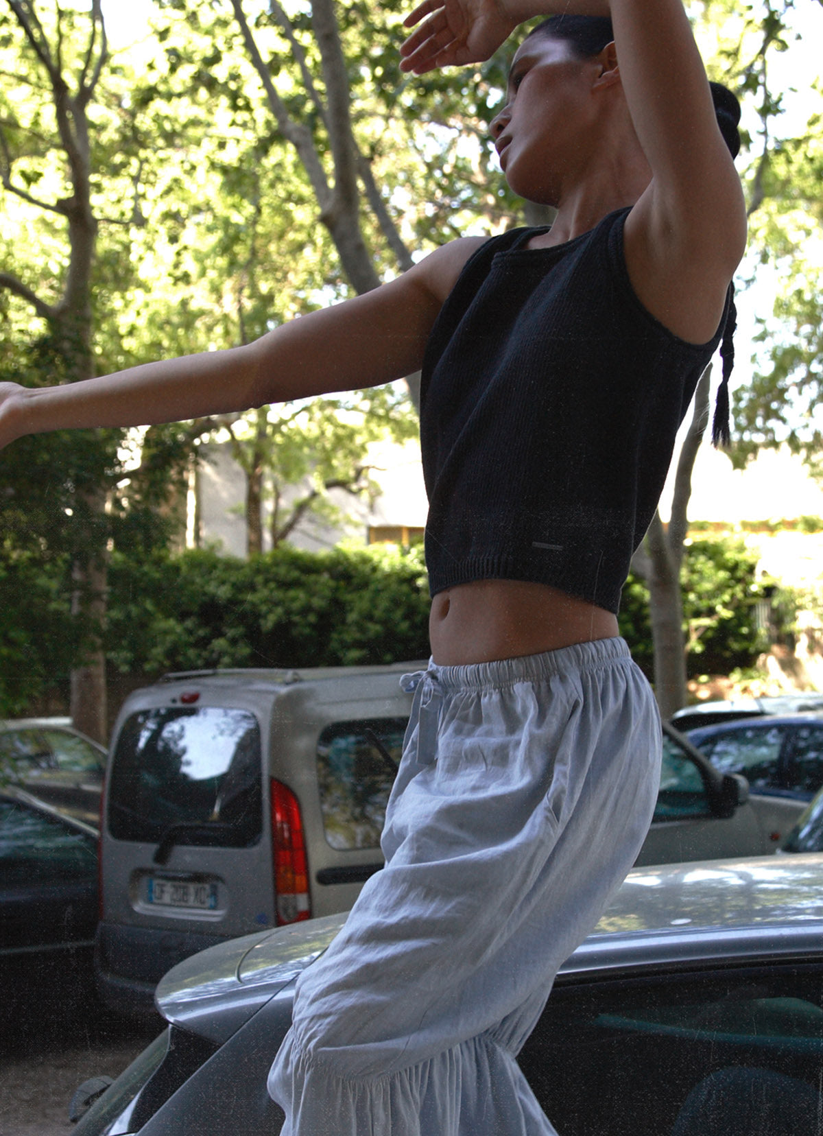 Linen rolled knit top_Navy