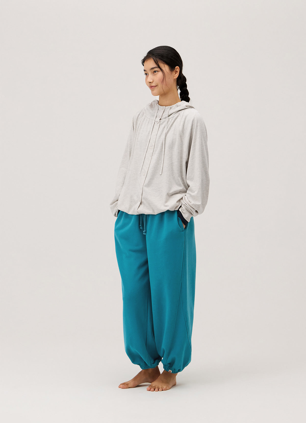 Shirring button-up hoodie_Oatmeal Melange