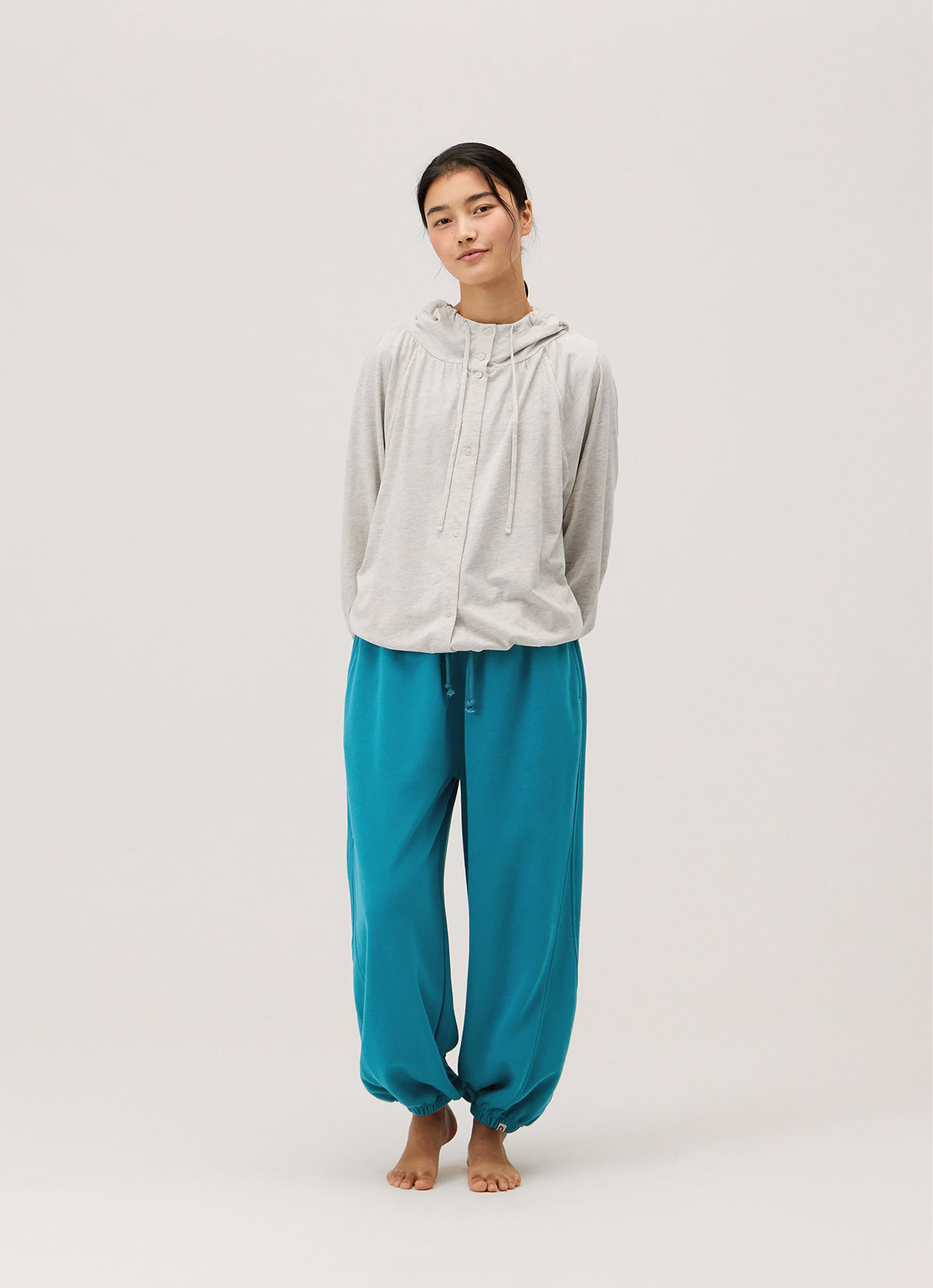 Shirring button-up hoodie_Oatmeal Melange