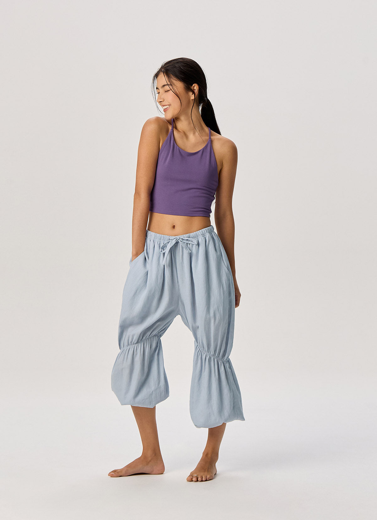 Linen shirring pants_Light Blue