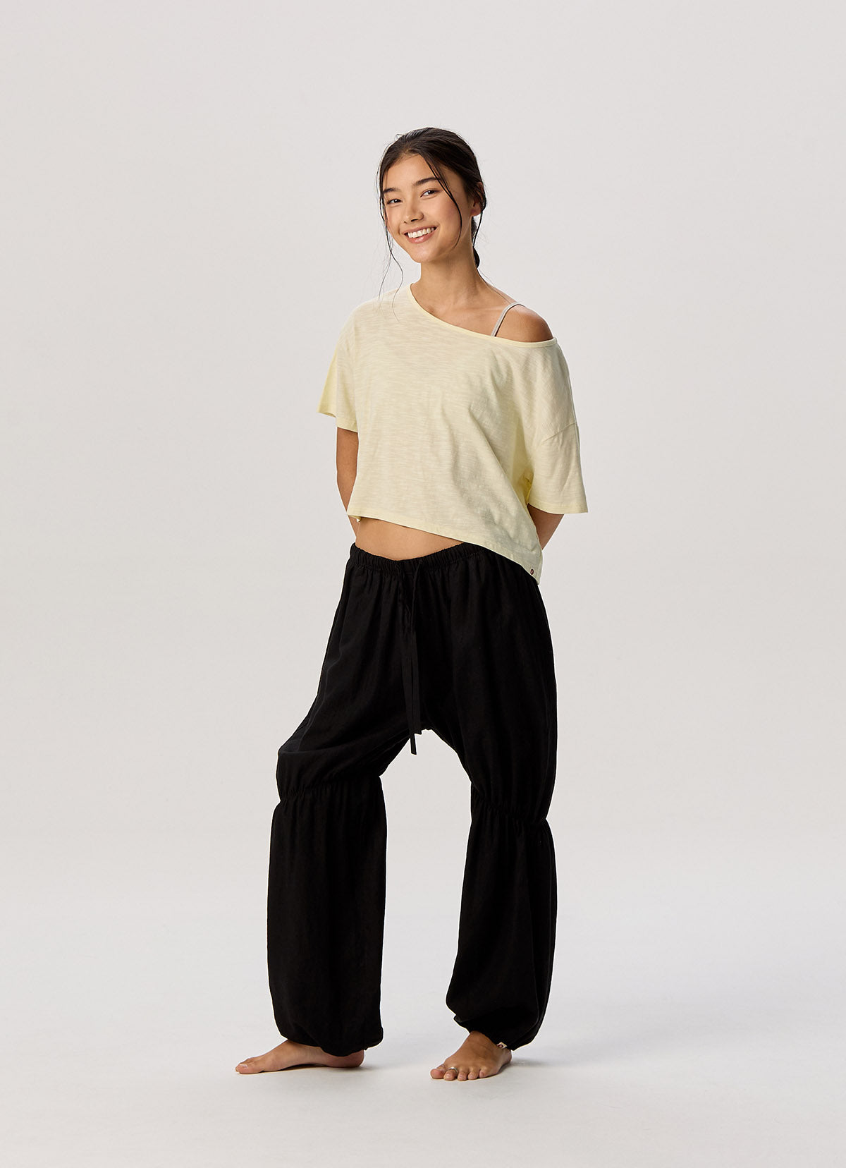 Linen shirring pants_Black