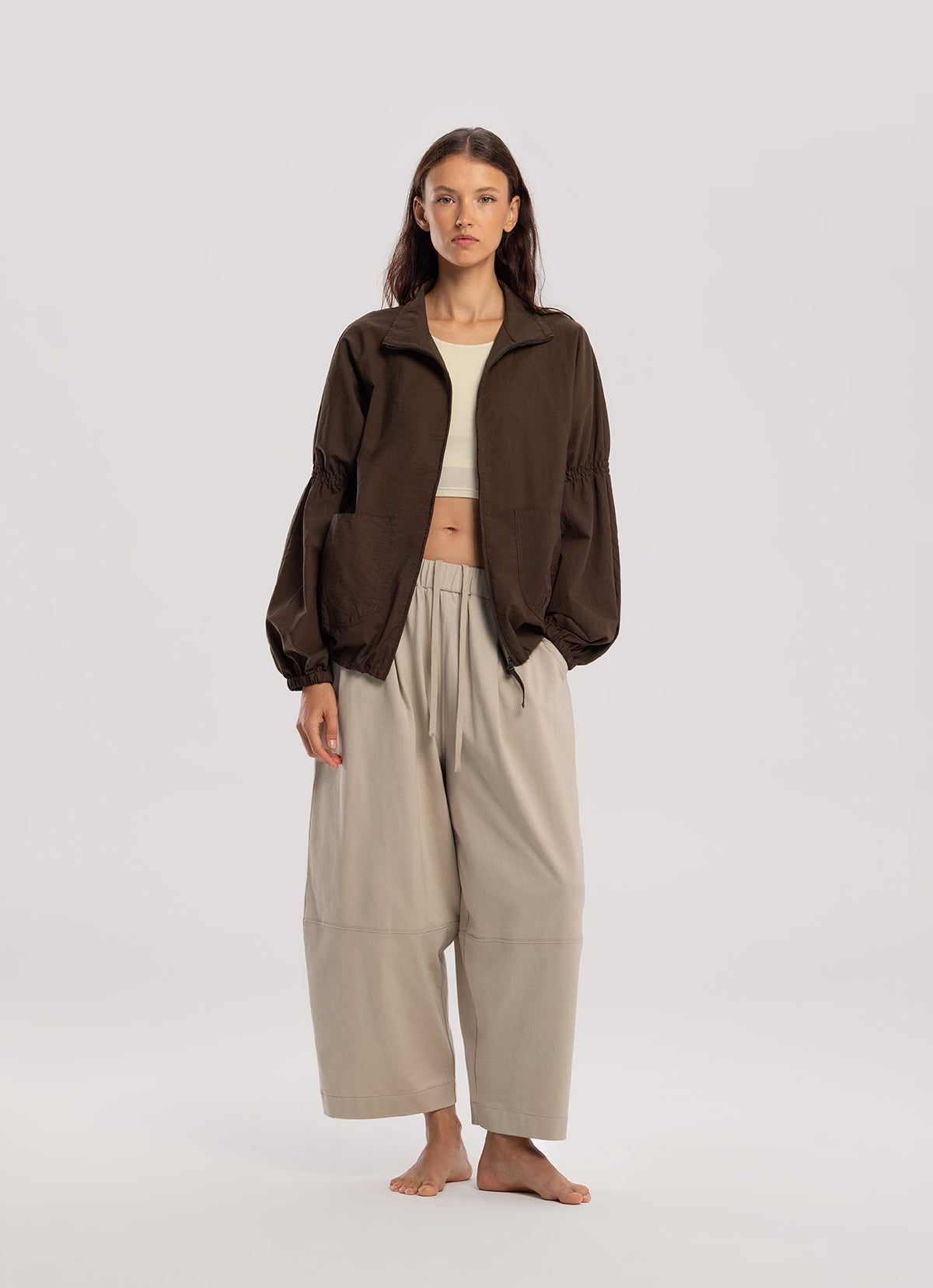 Shirring zip-up jacket_Brown