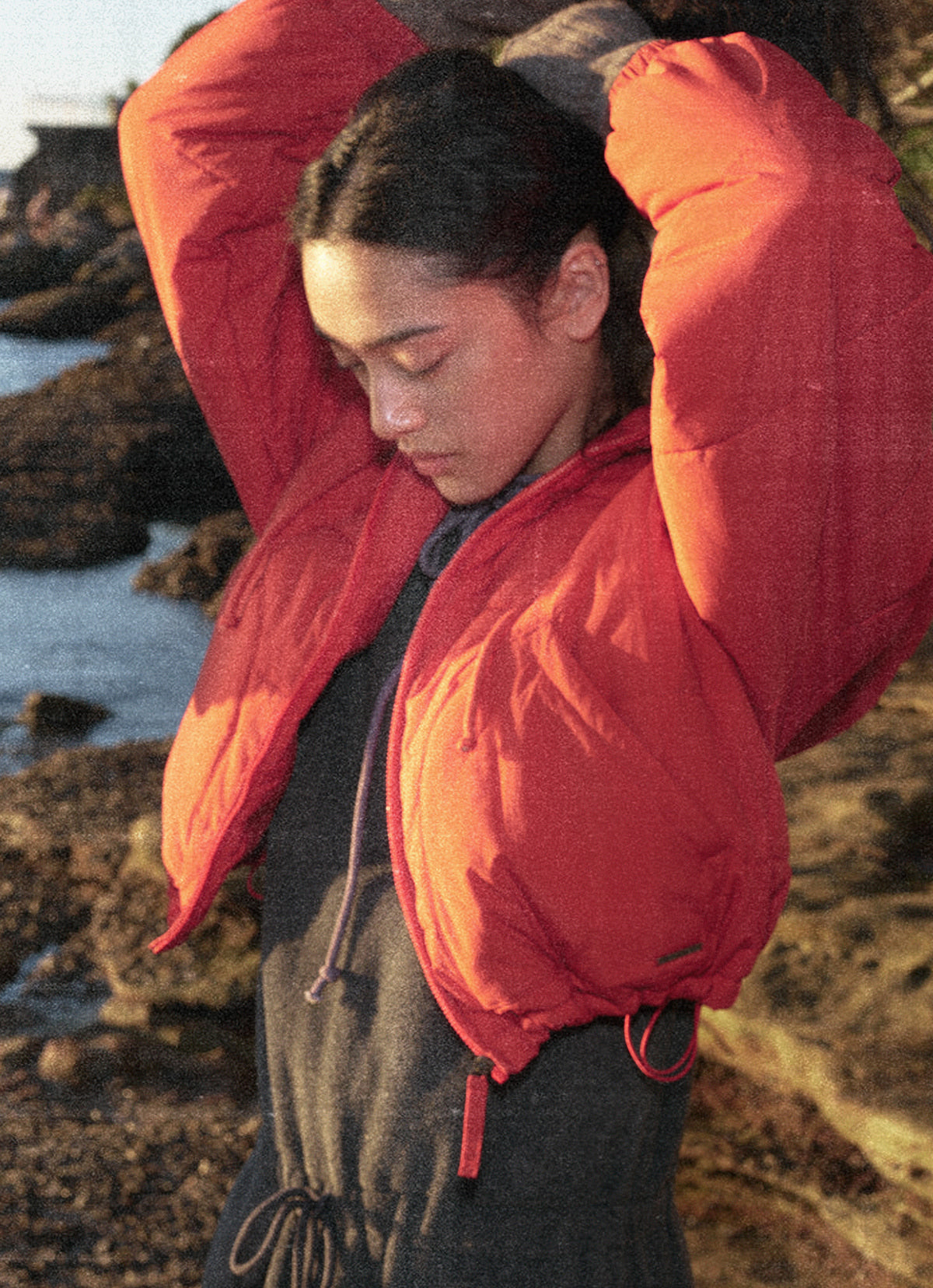 Grid padded hoodie #2_Aura Orange