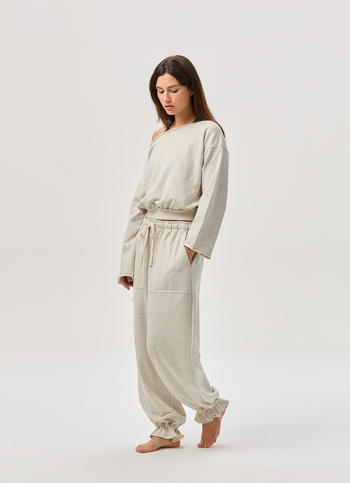 Off-shoulder sweat top_Oatmeal Melange