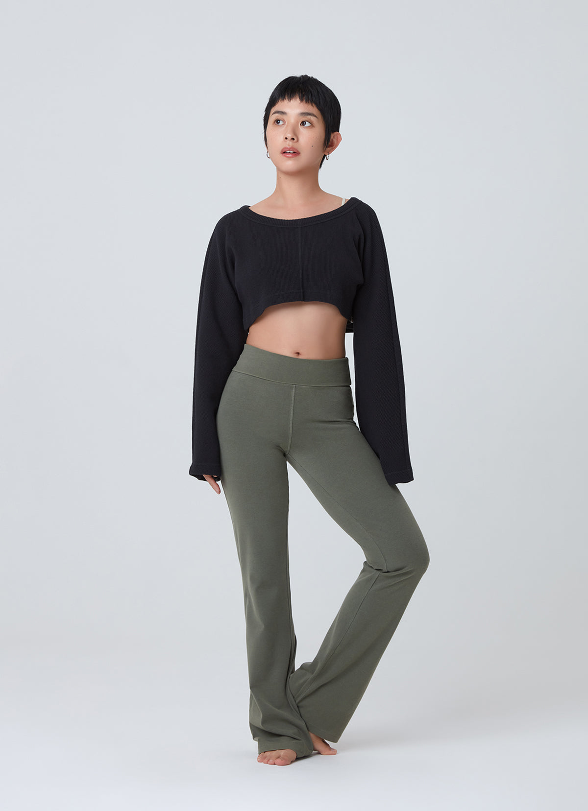 Waffle long sleeve crop top_Black