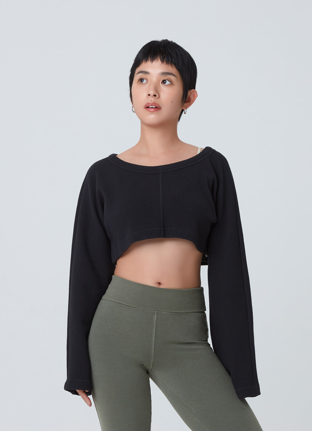 Waffle long sleeve crop top_Black